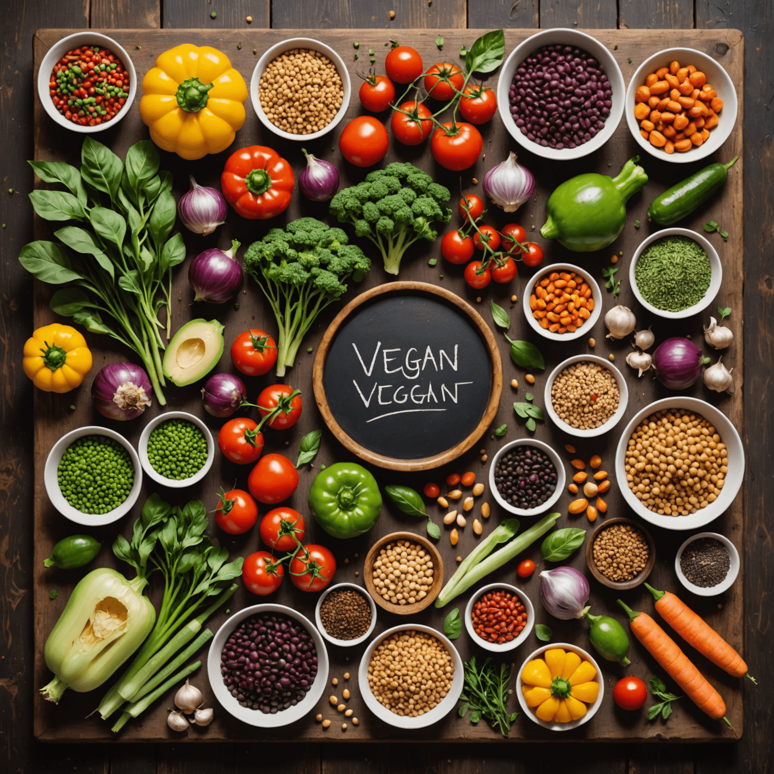 Una variedad de ingredientes frescos y orgánicos para cocina vegana, incluyendo verduras coloridas, legumbres y hierbas aromáticas, dispuestos en una mesa de madera rústica