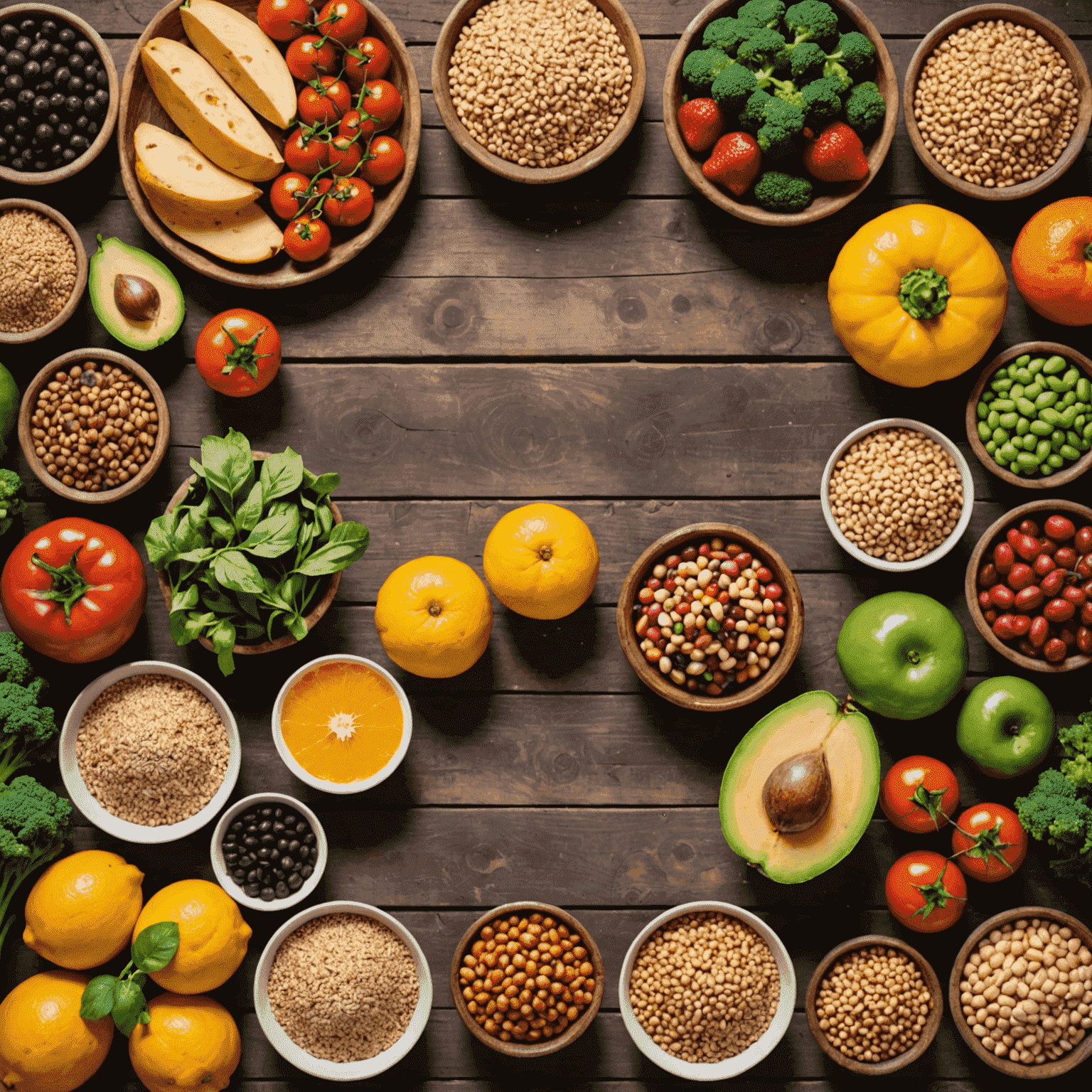 Variedad de coloridos alimentos veganos incluyendo frutas, verduras, legumbres y granos enteros dispuestos en una mesa de madera rústica