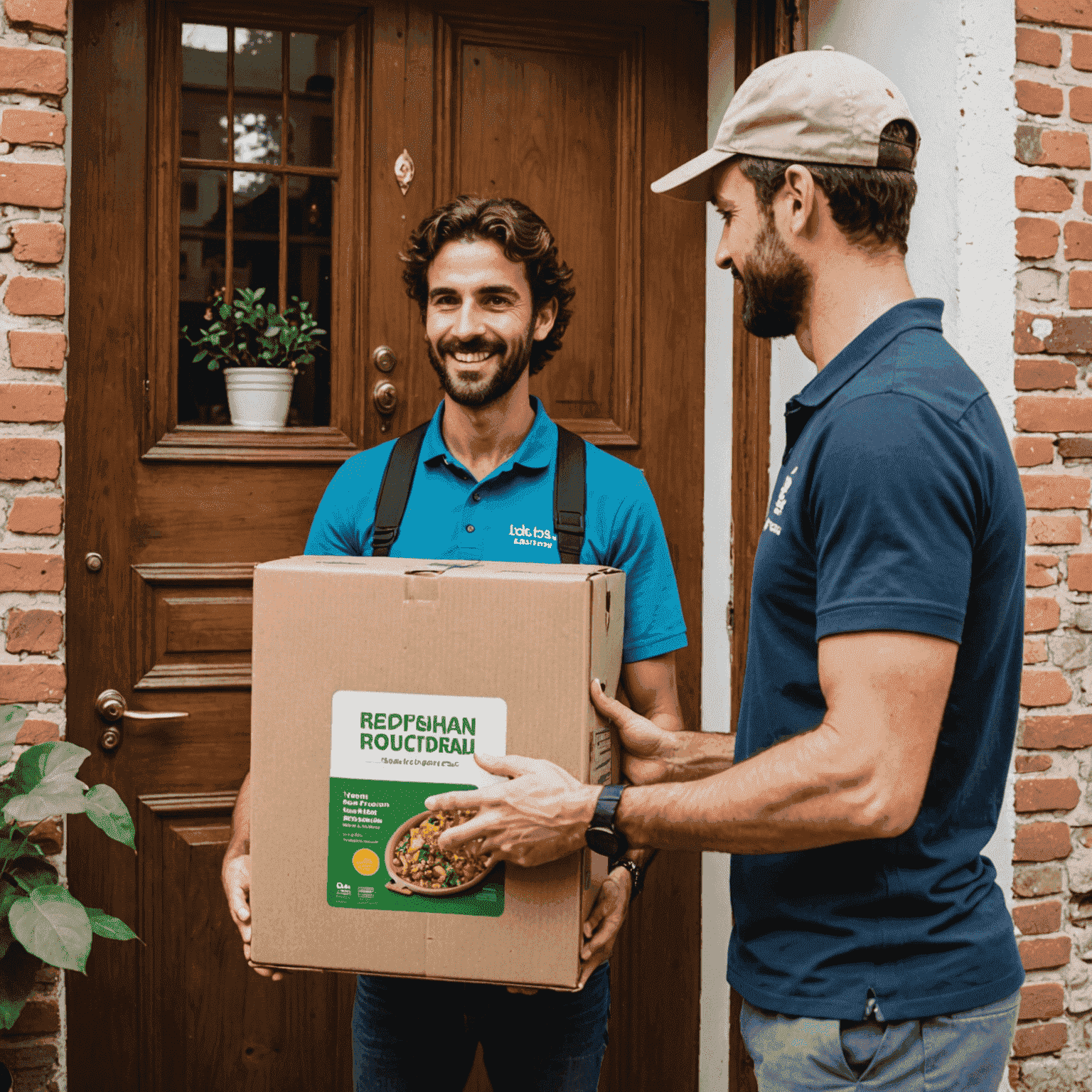 Imagen de un repartidor entregando una caja de kit de cocina vegana en la puerta de una casa española