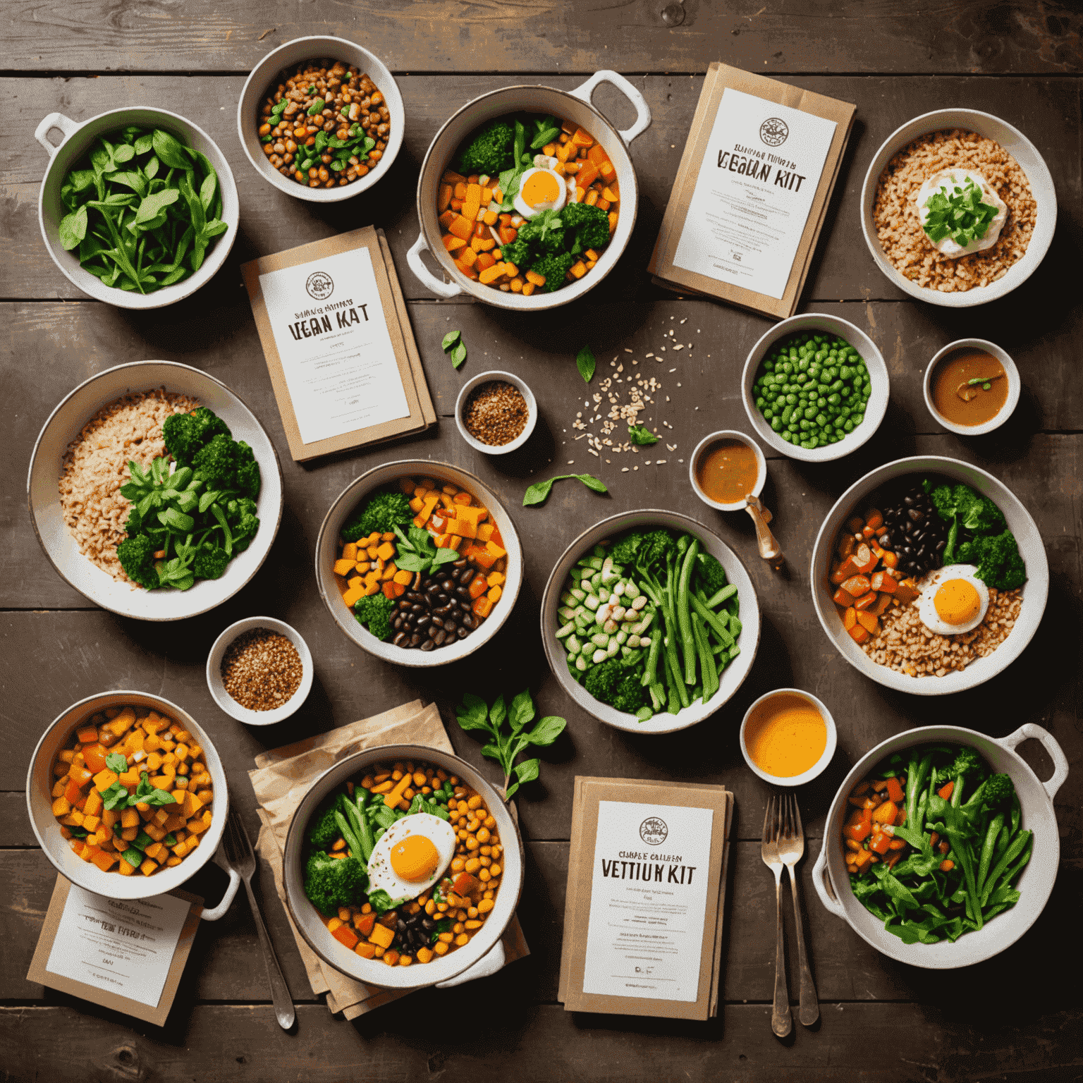 Imagen de varios kits de comida vegana dispuestos sobre una mesa de madera rústica. Los kits contienen verduras frescas y coloridas, granos, legumbres y hierbas aromáticas. Junto a los kits, se ven tarjetas con recetas impresas y utensilios de cocina ecológicos.