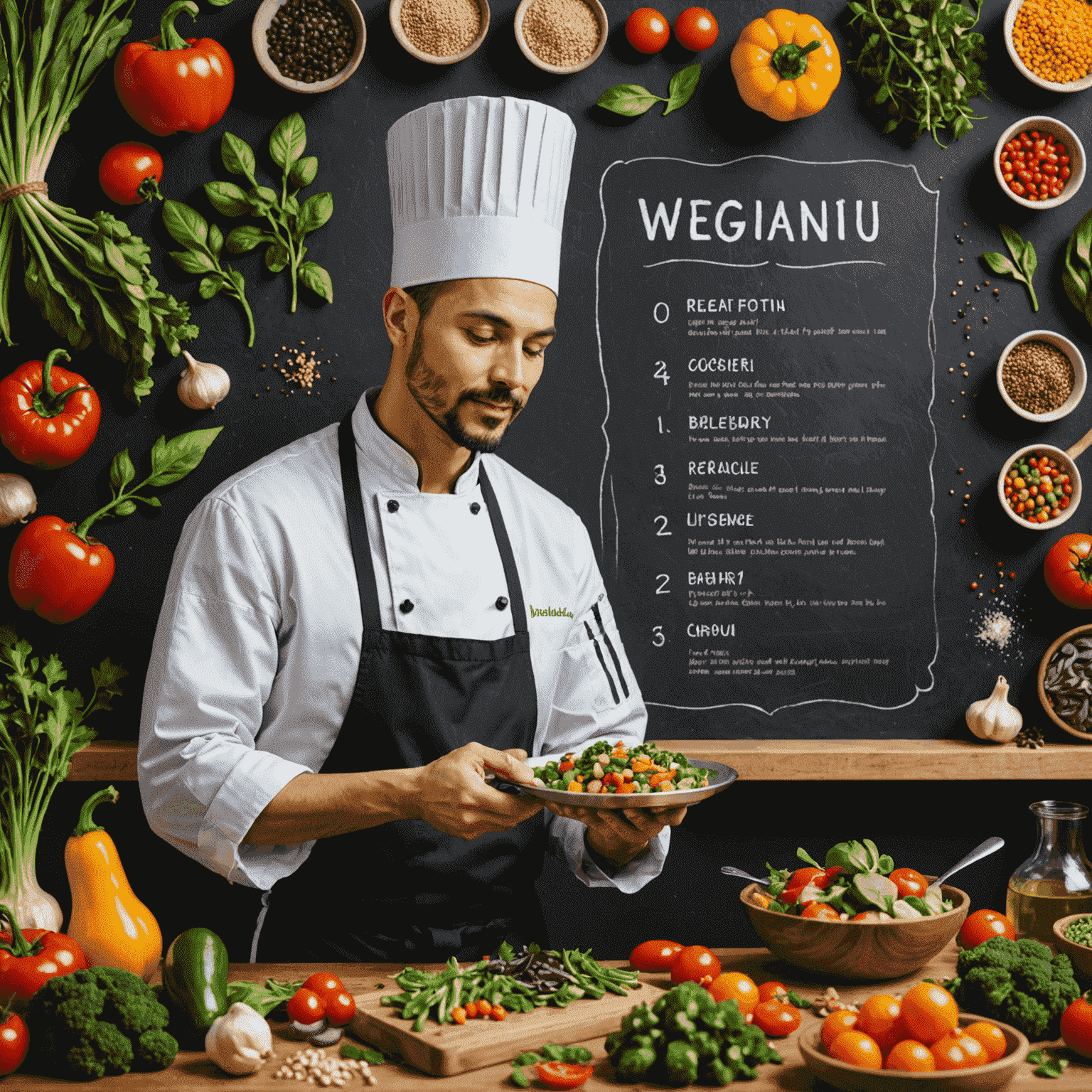 Chef vegano personalizando un menú con una variedad de ingredientes frescos y orgánicos, incluyendo verduras coloridas, legumbres y hierbas aromáticas