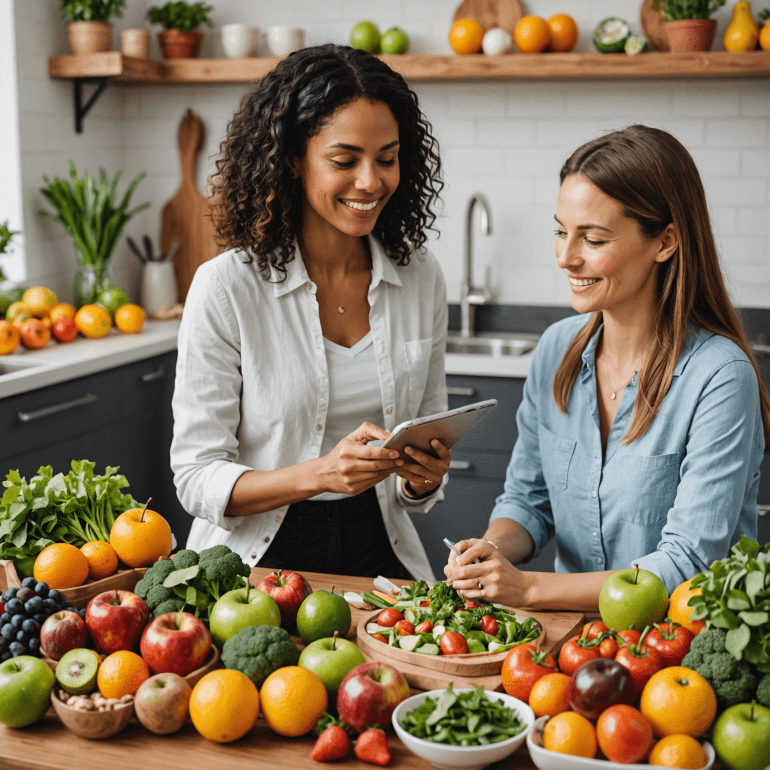 Nutricionista vegano consultando con un cliente sobre un plan de alimentación personalizado, rodeados de frutas y verduras frescas