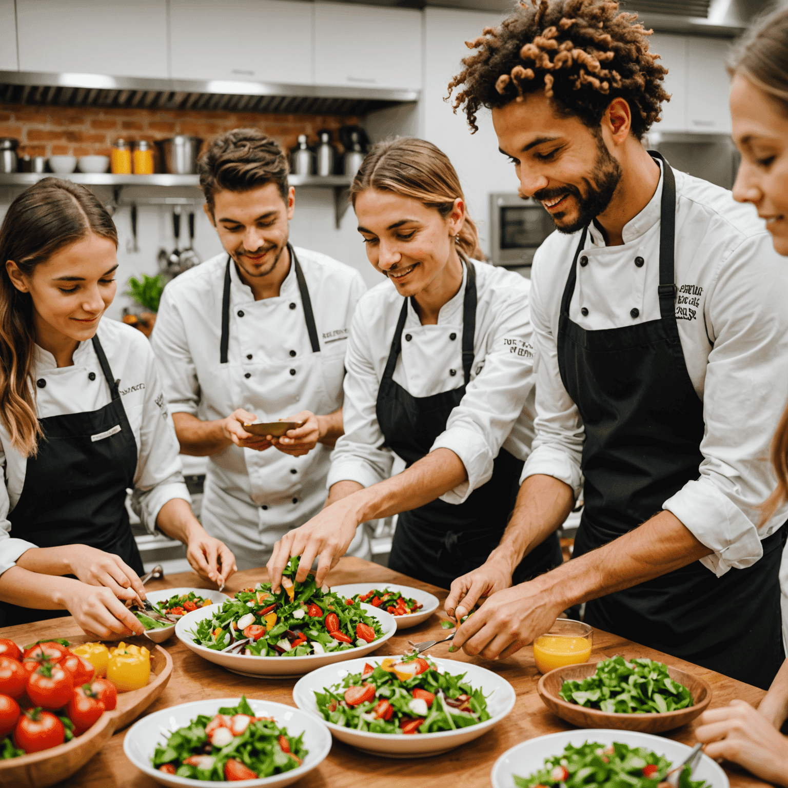 Chef vegano enseñando a un grupo de estudiantes cómo preparar un colorido plato de ensalada con ingredientes frescos y orgánicos