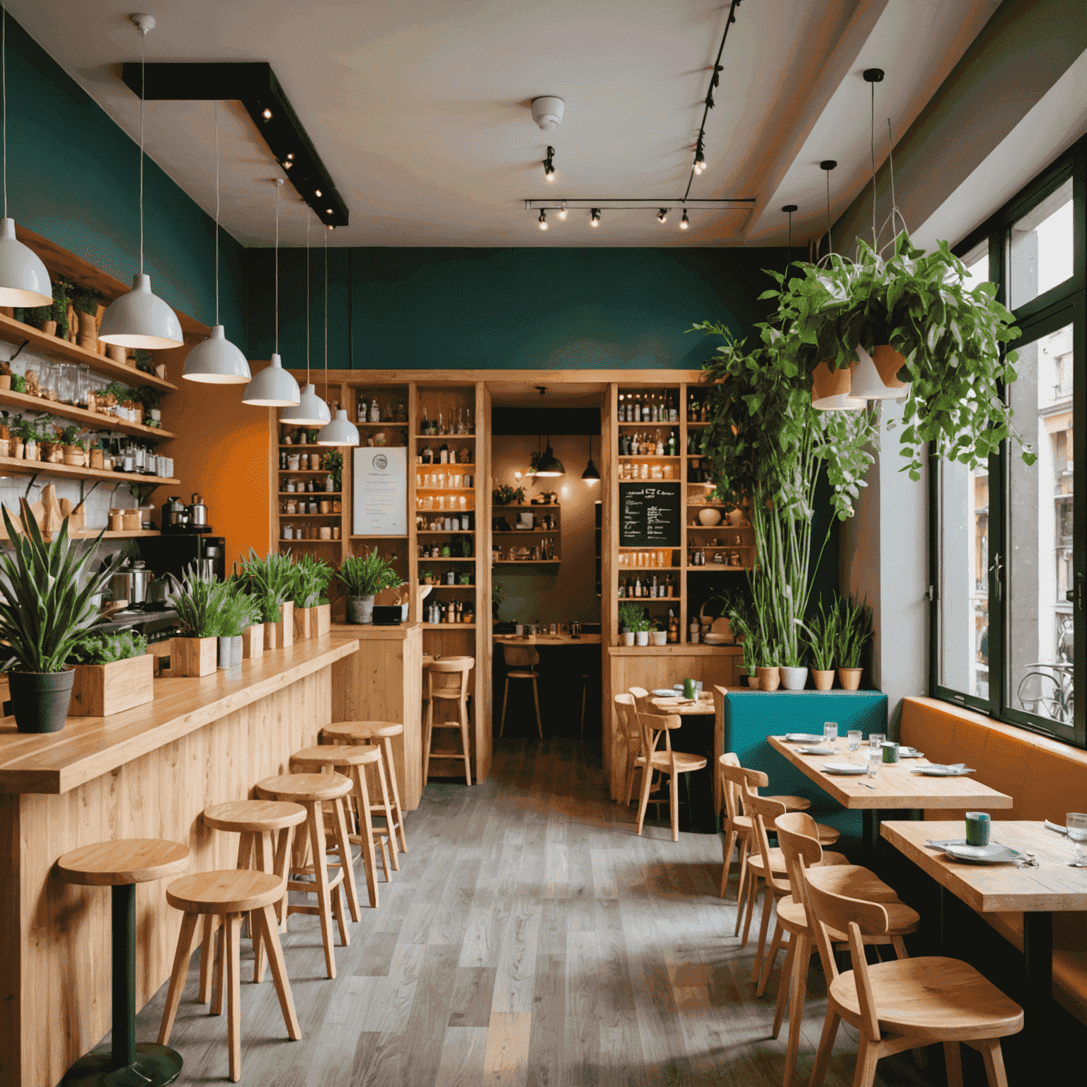Interior de un moderno restaurante vegano en Madrid, con mesas de madera, plantas colgantes y platos coloridos de la carta de Vegan Cooking Kits