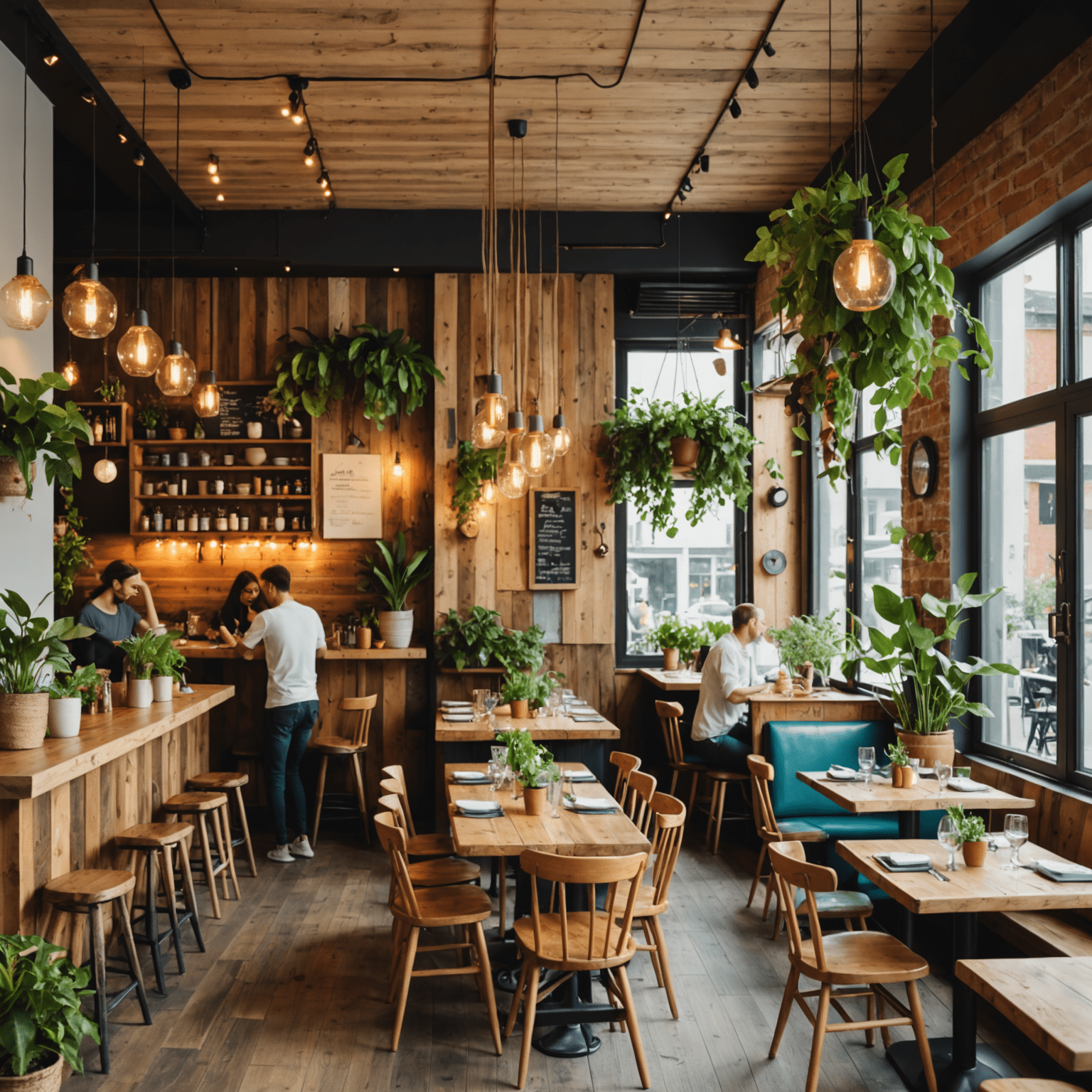 Interior del restaurante con mesas de madera reciclada, plantas colgantes y clientes disfrutando de coloridos platos veganos