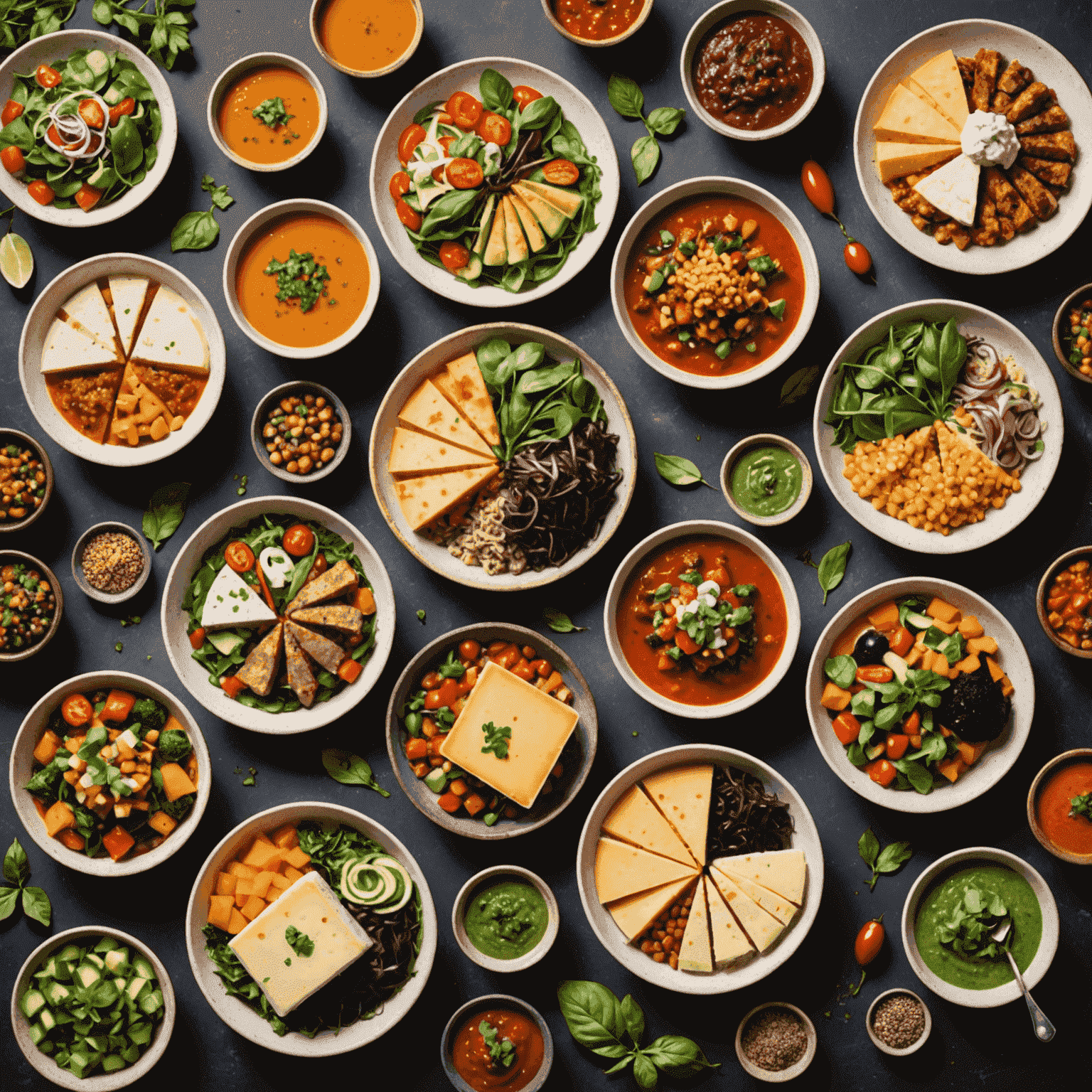 Variedad de platos veganos coloridos que muestran las últimas tendencias: quesos vegetales, sustitutos de carne y platos de fusión española