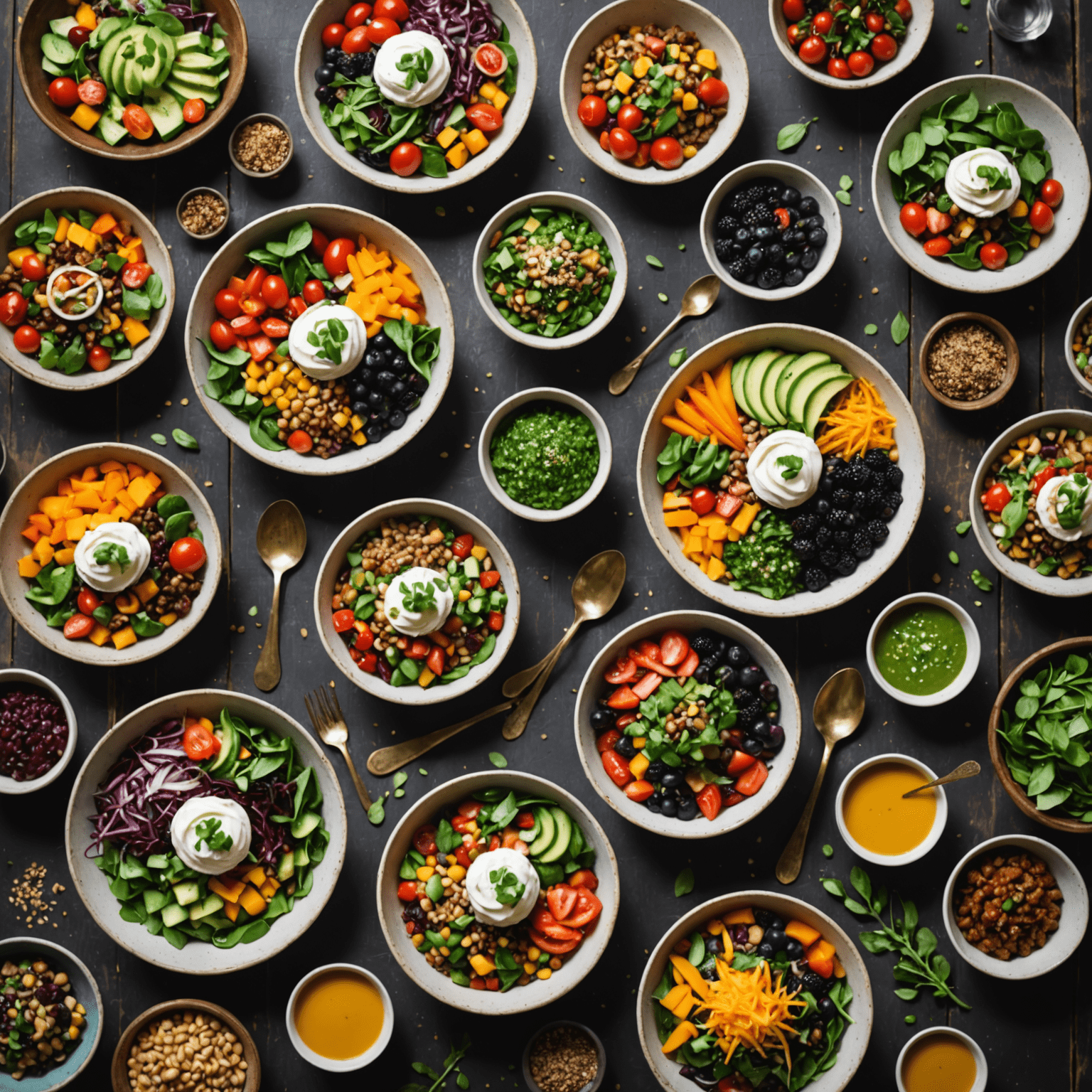 Variedad de platos veganos personalizados, incluyendo ensaladas coloridas, bowls de granos, y postres saludables, presentados en una mesa rústica con elementos naturales