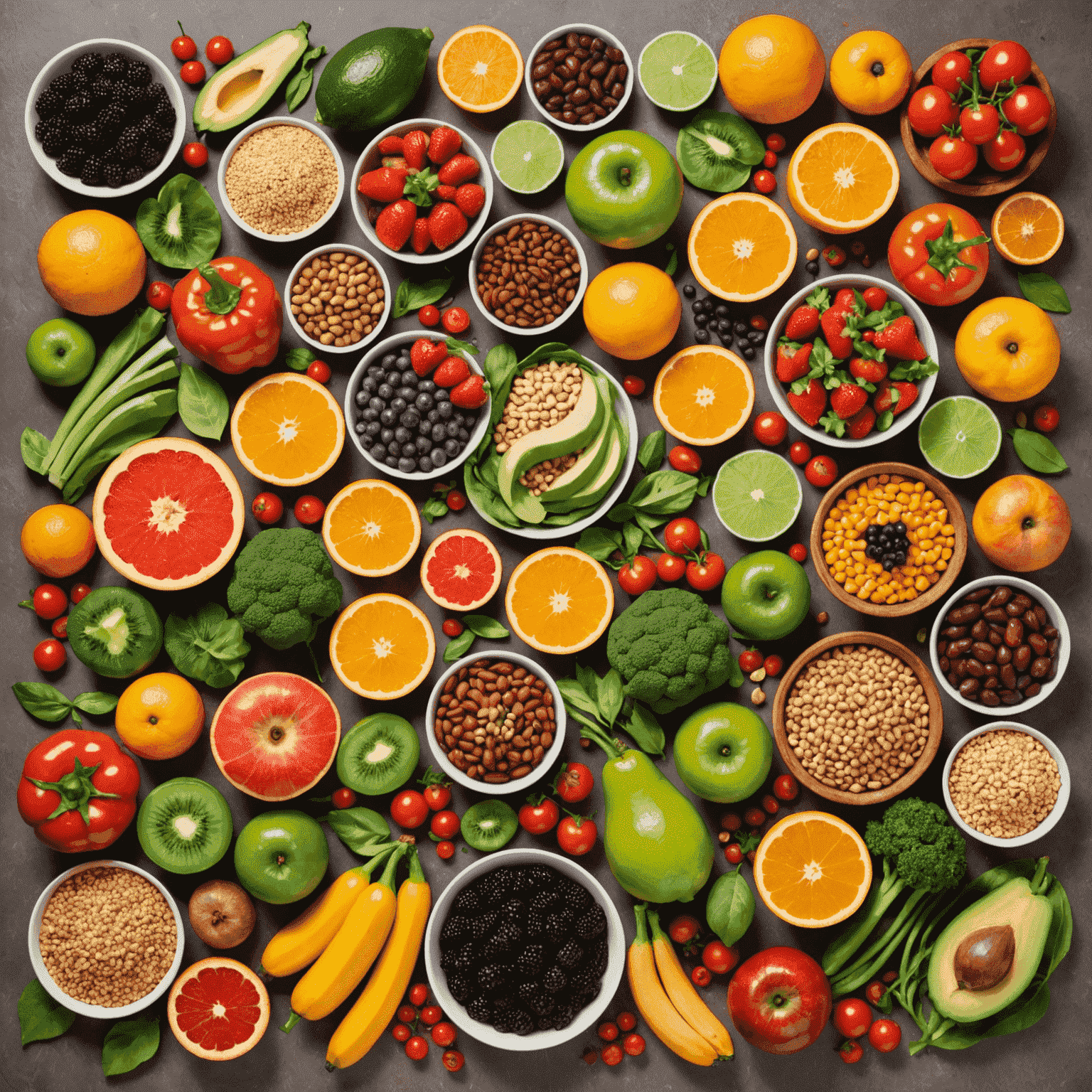Collage de alimentos veganos coloridos y nutritivos, incluyendo frutas, verduras, legumbres y granos integrales