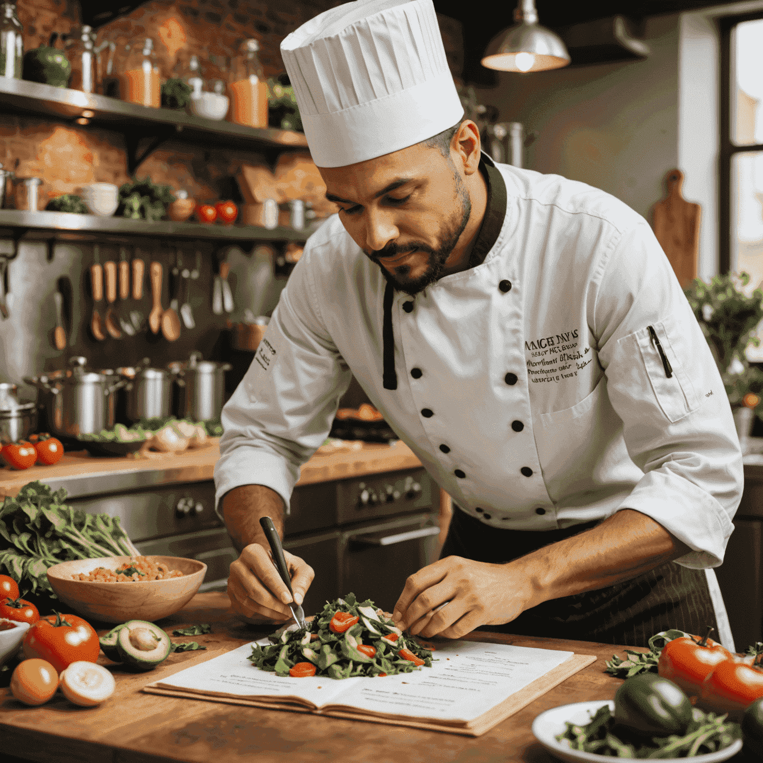 Imagen de un chef vegano personalizando un menú con ingredientes frescos y orgánicos