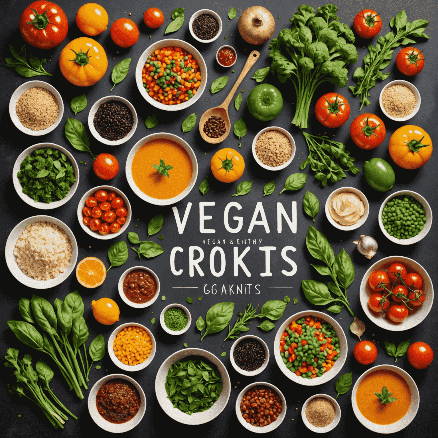 Collage de ingredientes frescos y orgánicos utilizados en los kits de cocina vegana, dispuestos de manera atractiva