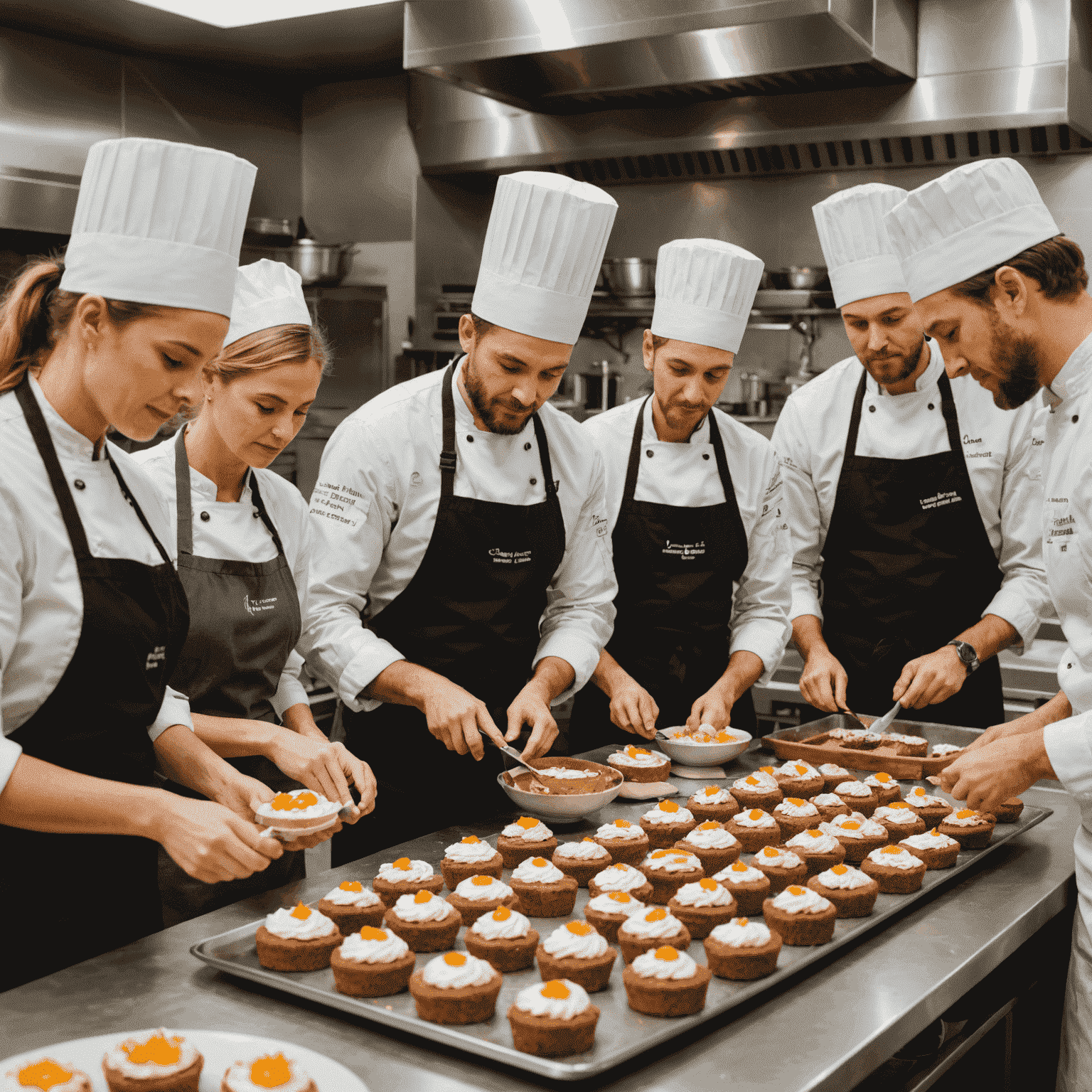 Grupo de personas en una cocina profesional, aprendiendo a preparar postres veganos, con un chef demostrando técnicas de decoración