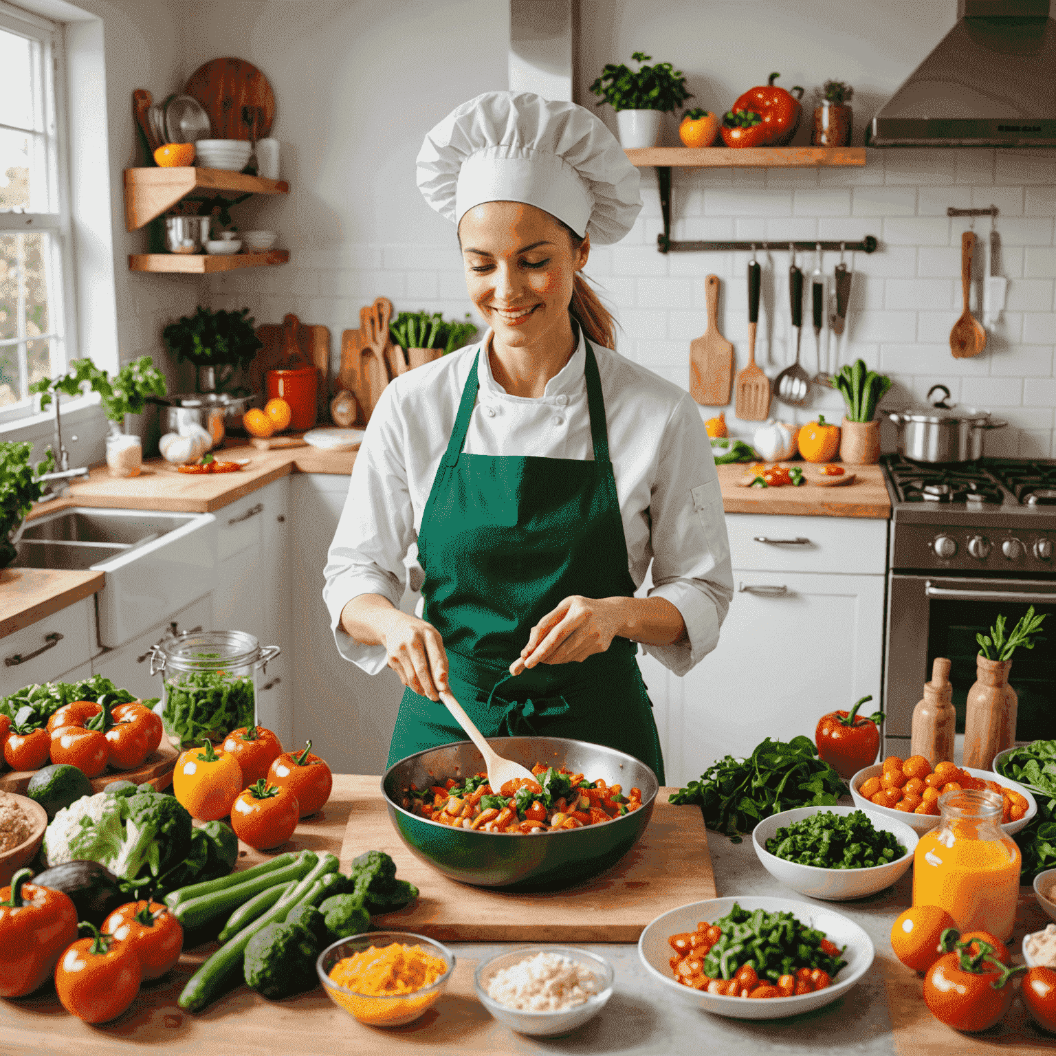 Chef de Vegan Cooking Kits en la cocina, preparando un colorido plato vegano con ingredientes frescos